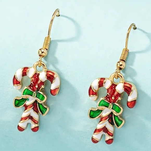 Candy Canes with Green Bow Christmas Holiday Dangle Earrings - Picture 1 of 3